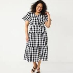 Croft & Barrow Gingham Seersucker Tiered Midi Dress Womens 1X Cottage Coastal